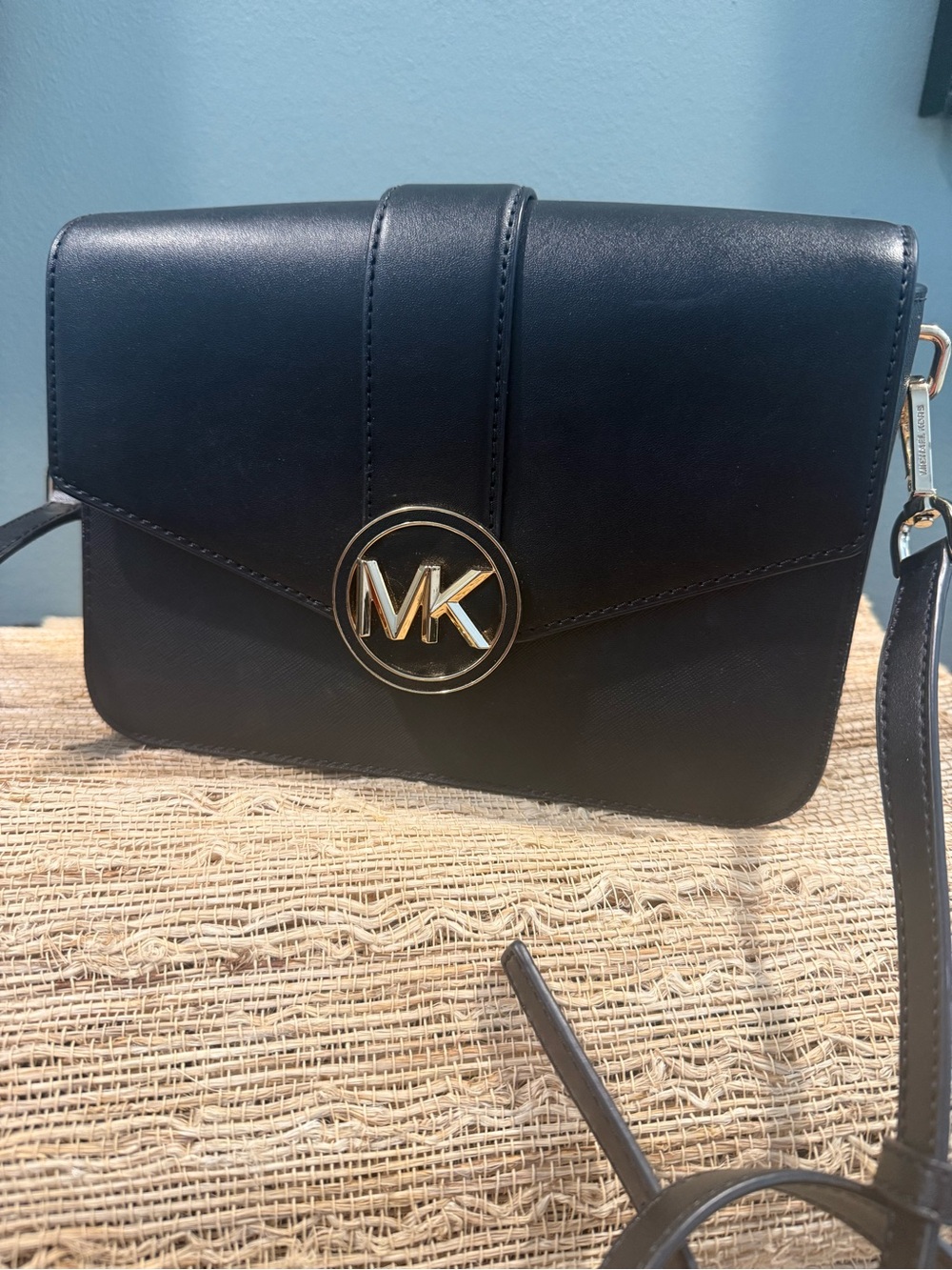 Michael Kors Black Leather Crossbody with Gold MK Emblem